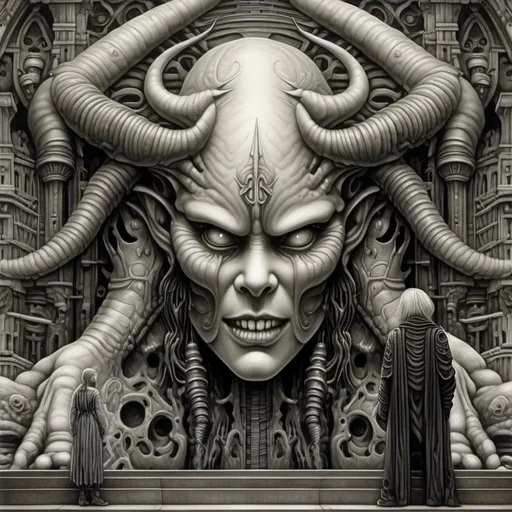 Prompt: grayscale H. R. Giger illustration of a large demon on a building with a woman's giant head for a body, Akihiko Yoshida, sots art, extremely hyper - detailed, a detailed painting <mymodel>