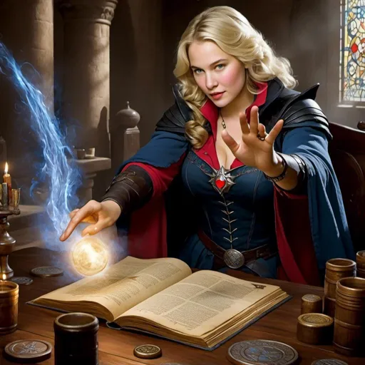 Prompt: <mymodel> Morgan le Fay as a D&D magic-user/illusionist casting a spell while gesturing theatrically