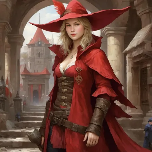 Prompt: <mymodel> final fantasy red mage, ff1 red mage, ffi red mage, final fantasy rm, red robe, tricorn hat with feather, in fantasy town