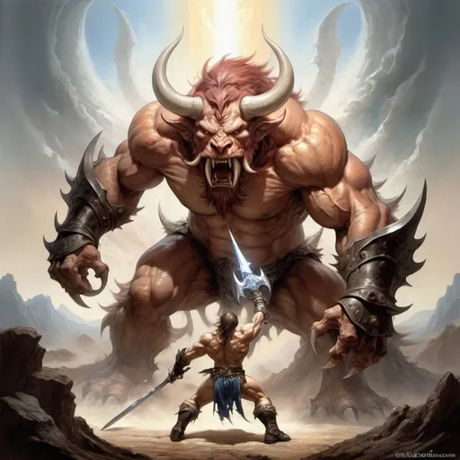 Prompt: The Warrior of Light from Final Fantasy battling a behemoth and drawn in the style of Boris Vallejo