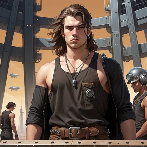 Prompt: A slightly heavyset young man with long brown hair, and a look of intense concentration approaches his friends outside a spaceport in a gritty, dieselpunk setting. He wears a black tank top, work boots, and practical slacks. A chain hangs from his belt and back pocket. Behind him the busy skyline can be seen.