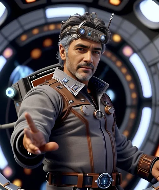 Prompt: a man in a blueish gray space shirt with a chest mounted control panel and brown pants and peppered brown and gray hair standing unkempt and a leather band on his forehead wielding a glowing sword, photo retrofuturism, vfx, a character portrait