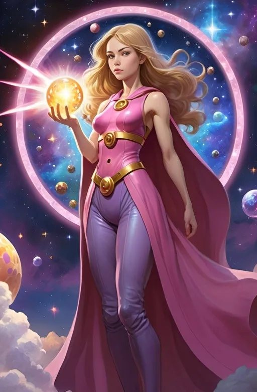 Prompt: A powerful D&D psychic magic-user with a cosmic plane behind (slim woman:3) (youthful: 2) (kirby dots) power crystal
