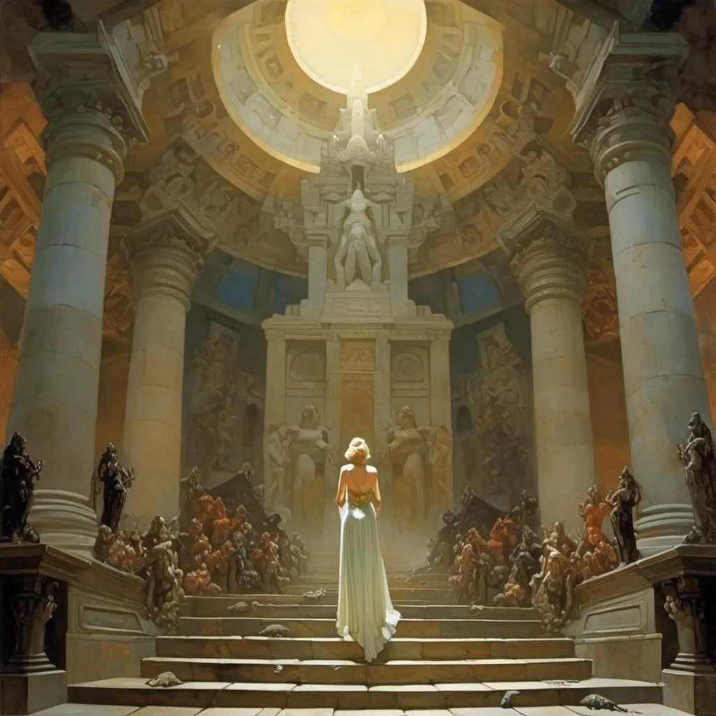 Prompt: The queen of an ancient civilization in her vast hall and illustrated by Frank Frazetta <mymodel>