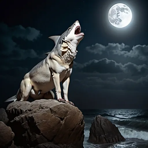 Prompt: wolf-shark sitting on a rock in the middle of the night (epic:1.2), realistic, (high quality:1.2), (masterpiece:1.2), high details, incredibly absurdres, cinematic photo, photograph, film, best quality, highres, (no humans:1.2), (1animal subject: (Great white shark:1.2)(wolf hybrid:0.8) howling at moon)