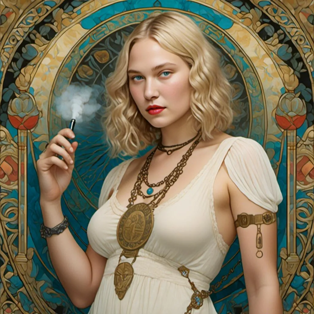 Prompt: <mymodel> headphones, scant nightdress, smoking pipe, tarot, see-through, lipstick, gold chain, art nouveau, arms behind back, egyptian, tree, highleg, black nails