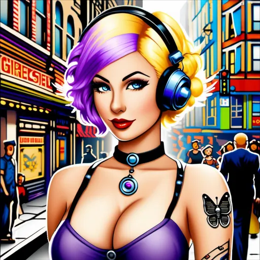 Prompt: a broad street scene with a curvaceous woman with purple ear gauge and blonde hair and black septum piercing and small silver nose ring in right nostril and tattoo of toy robot on upper left arm and butterfly tattoo inside of mid arm and grimy dieselpunk work clothes. Subject is off-center at middle ground in a busy street scene, Full body, photo, cinematic, realistic <mymodel>