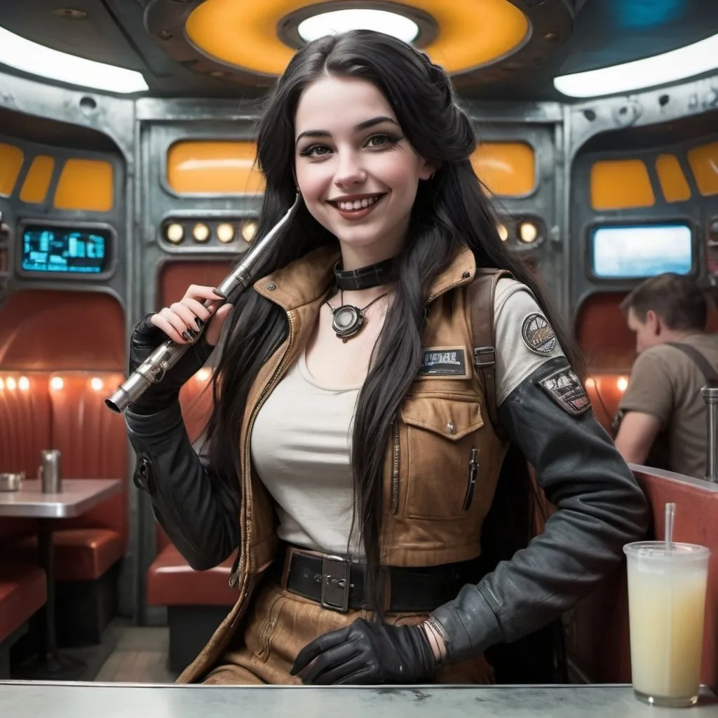 Prompt: A young woman with long dark hair, languid eyelids, and a wide, mysterious smile occupies a booth in a spaceport eatery in a gritty, dieselpunk setting. She holds a long electronic pipe in one hand and the style of her outfit is a fashionable faux grunge.