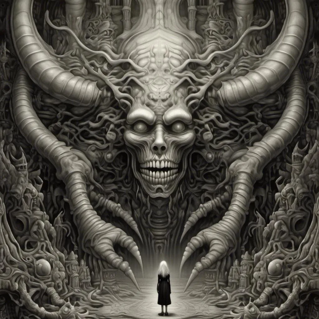 Prompt: grayscale H. R. Giger illustration of a large demon in a hellscape with a woman's giant head for a body, Akihiko Yoshida, sots art, extremely hyper - detailed, a detailed painting <mymodel>