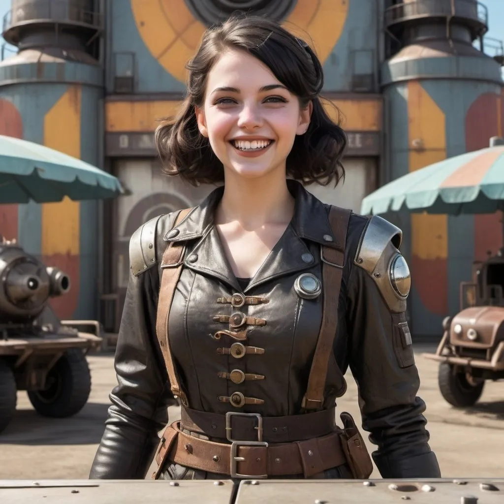 Prompt: A young woman with dark hair, smiling eyes, and a warm toothy grin greeting her friend outside a space port on a sunny day but in a gritty, dieselpunk setting.