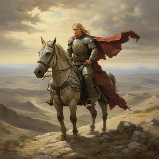 Prompt: A mounted warrior in a vast lonely landscape and illustrated in the style of Keith Parkinson <mymodel>