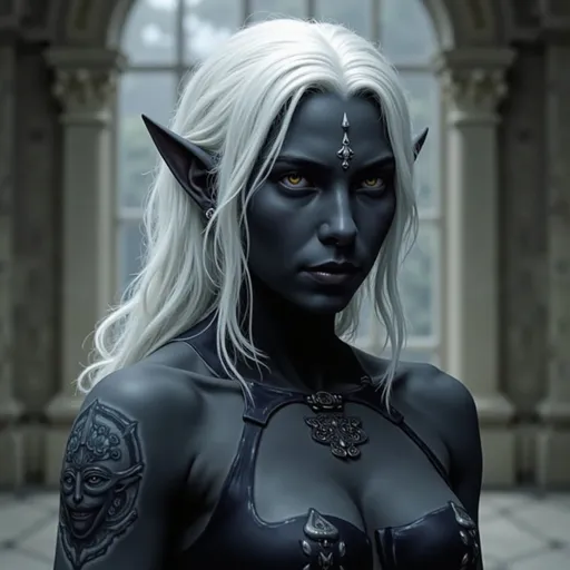 Prompt: A drow (dark elf) female with white hair and jet black skin