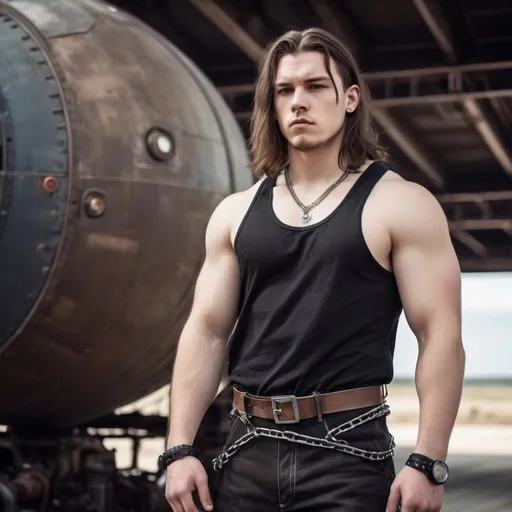 Prompt: Slightly overweight young man with long brown hair, and a look of intense concentration outside a spaceport in a gritty, dieselpunk setting. Black tank top, work boots, practical slacks, pocket chain.