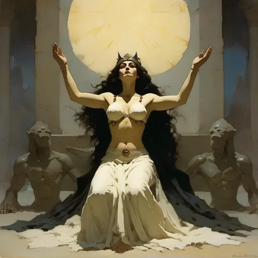 Prompt: primitive priestess of an ancient land kneeling, looking upward, and with arms raised to the ceiling in supplication illustrated by Frank Frazetta <mymodel>
