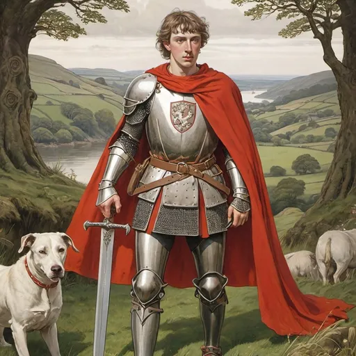 Prompt: A depiction of Sir Mordred as a hero of good nature from the Welsh tradition in the style of H. J. Ford  