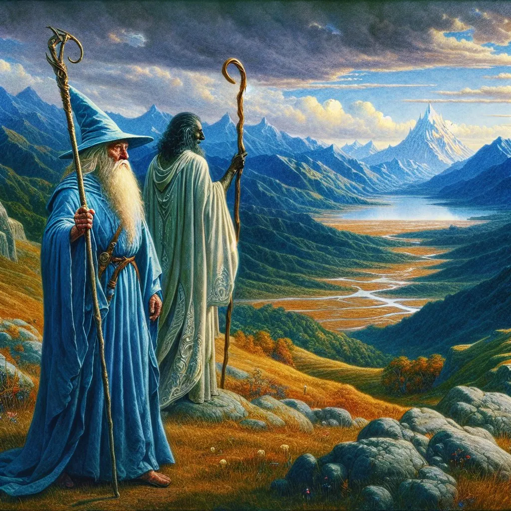 Prompt: (Camera long shot) we see two wizards in the far distance exploring a vast wilderness BREAK The Helper of the East, an old wizard wearing a sea-blue robe and holding a staff and with tanned skin, and with him is a second, taller old yet hale wizard who is called the Slayer of Darkness and he is wearing a sea-blue robe and holding a staff and he has dark skin BREAK both wizards wear different styles of robes BREAK these wizards are seen from a distance as they are exploring a vast and strange and wild land BREAK painting by Ted Nasmith