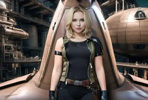 Prompt: A young woman standing inside a dieselpunk factory wearing a black tank top and black pants and an olive vest, she has a belt and holster, there is a plate protecting her left shoulder, her vest has many zippers and pockets, 4k, photo, film, realistic