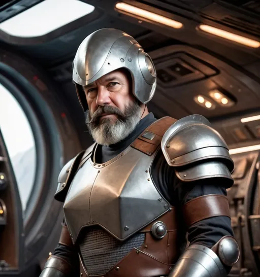 Prompt: Photo realistic futuristic armored warrior, open faced helm, friendly, middle-aged man, short brown/gray beard, high tech shield, dieselpunk setting, interior starship background.