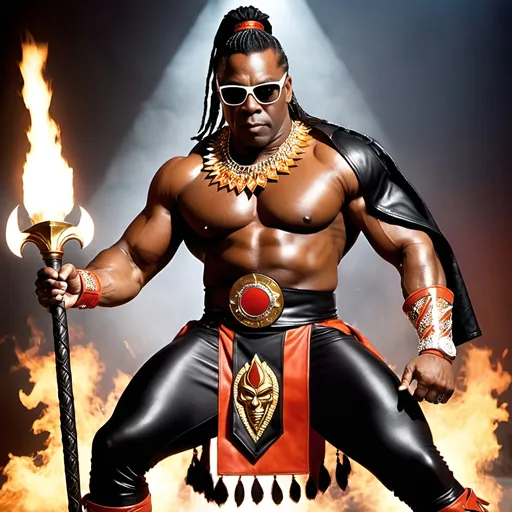 Prompt: Booker T as a D&D barbarian wearing an outfit resembling a fantasy version of his Harlem Heat strapped tights and wielding the magical Spinaroonie and wearing sunglasses