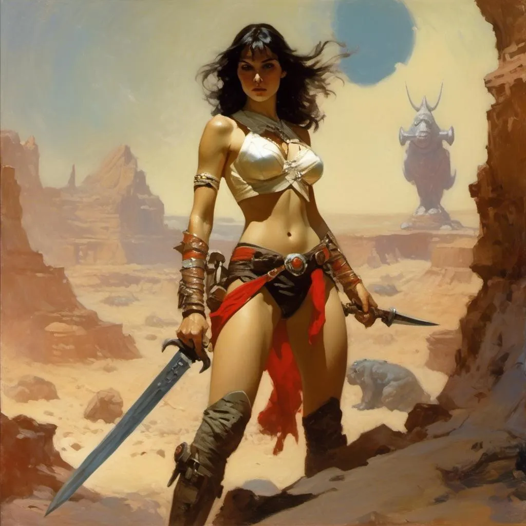 Prompt: A sword and planet style heroine in the tradition of John Carter of Mars and illustrated by Frank Frazetta <mymodel>