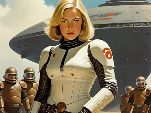 Prompt: <mymodel> sword & planet pulp fiction setting, hair in bob, two-piece skin-suit, ightweight boots, delicate locket, (Cinematic:1.3), Sci-fi, Detailed, (Frank Frazetta 1.2), Concept art, 1960 science fiction, comic,(space adventure:1.4), (pulp fiction:1.5), alien landscapes, (crimson deserts:1.2), twin suns, emerald jungles, bizarre creatures, futuristic cities, gleaming spires,  skin tight suits, rugged adventurer gear, determined face, battling aliens, cosmic phenomena, (vivid colors:1.3), (high contrast:1.4), (dramatic lighting:1.3), intense action, (dynamic composition:1.4), Cinematic, (Paul Lehr 0.2), Digital painting, Concept art, full figure, see neck, see chest, low zip, belly button visible, minimal clothes