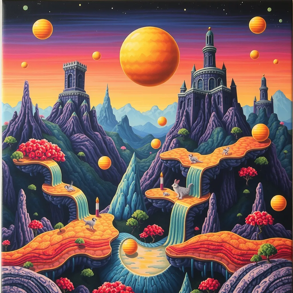 Prompt: Surreal Psychedelic Decalcomania, fantasy landscape