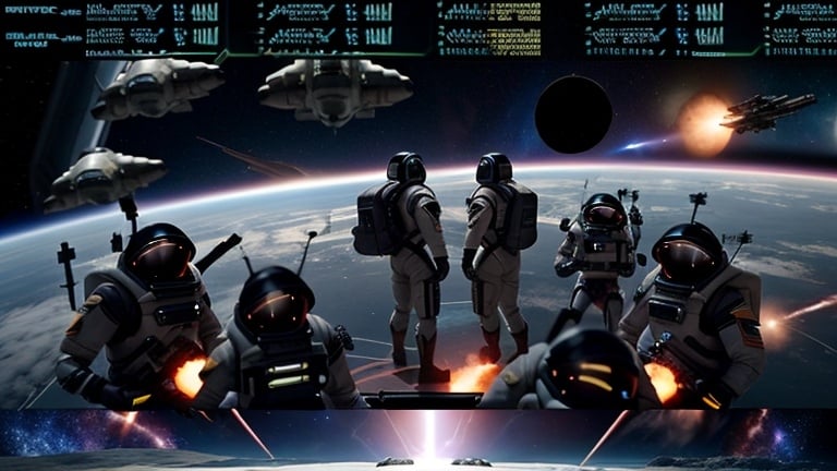 Prompt: Cinematic skirmish at a starship docking bay in the vacuum of space between two groups of soldiers each wearing different space suits with propulsion system backpacks using both melee and ranged energy weapons, retrofuturism, photo, film