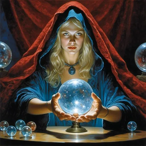 Prompt: Painting of a sorceress and crystal ball by clyde caldwell <mymodel>
