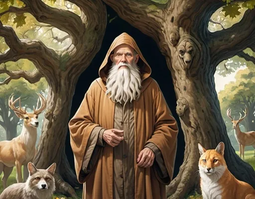 Prompt: A wise spirit in the form of a tall old man with a white beard and wearing a light brown robe and hood and with many animals and under the leaves of gargantuan oak tree