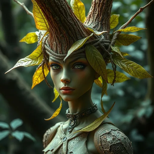 Prompt: a dryad of the woods with bark-like skin and leaf-like hair