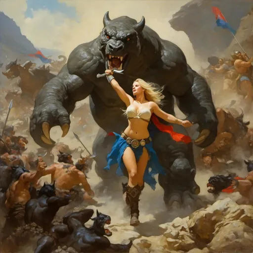 Prompt: <mymodel> A fantastical prehistory scene of a woman in a Frazetta style painting 