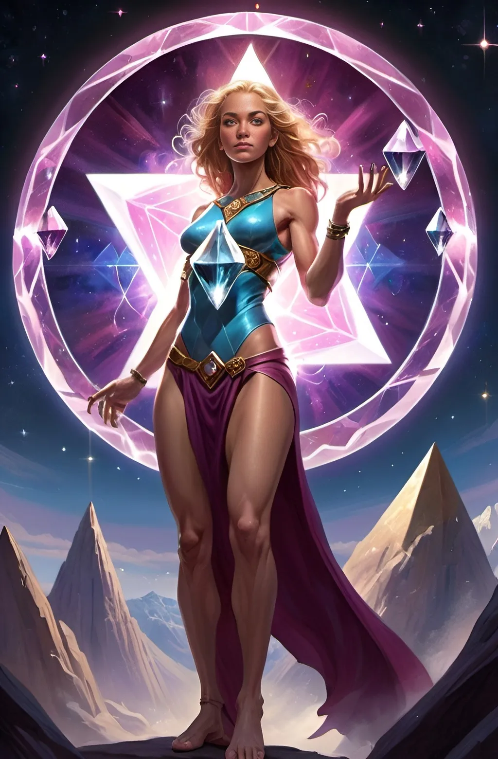 Prompt: A powerful D&D psychic magic-user with a cosmic plane behind (slim woman:3) (youthful: 2) with a (rhombus:2) shaped power (crystal:3)