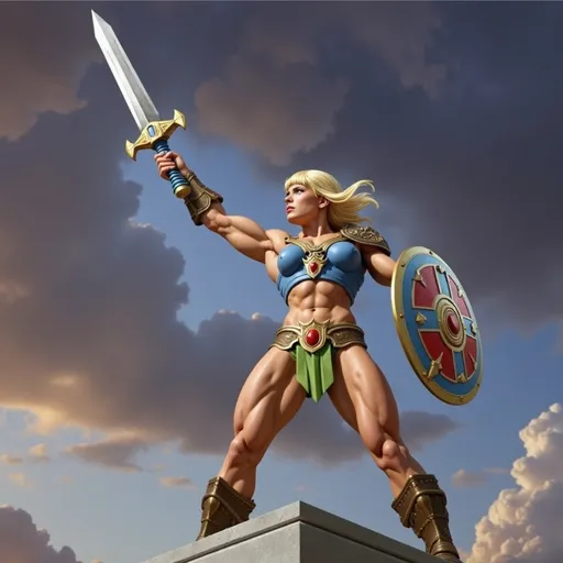 Prompt: photorealistic, gender-swapped he-man, female he-man, holding sword aloft, extreme body-builder, muscular