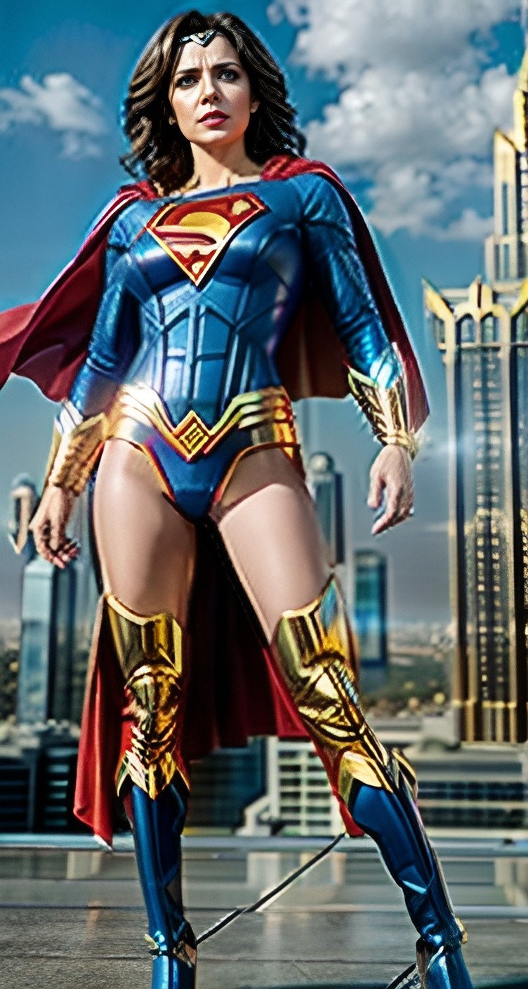 Prompt: Kristin Wells as Superwoman with Metropolis in the background, realistic, photo, film, cinematic