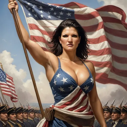 Prompt: Gina Carano as Columbia the personification of the United States carrying the flag in a painting by Douglas Volk