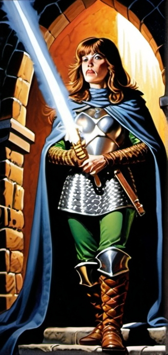 Prompt: Larry Elmore painting of a female cleric in chainmail holding a mace and a man in a cloak aiming a magical missile with his hand, Larry Elmore, fantasy art, dungeons and dragons, a comic book panel, color