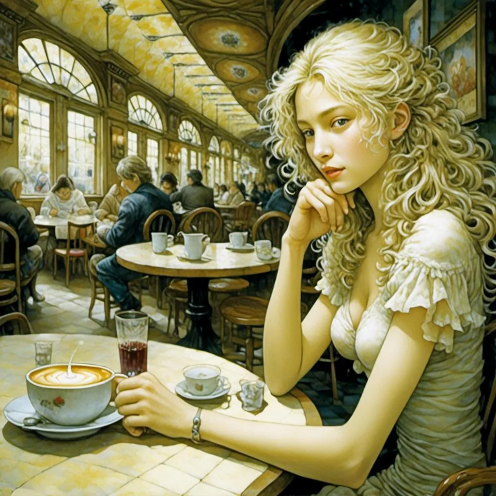 Prompt: Yoshitaka Amano artwork of a mysterious woman in a cafe <mymodel>