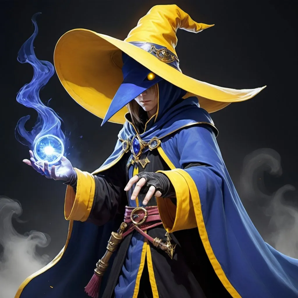 Prompt: A blue robed black mage from Final Fantasy with a conical yellow hat casting a spell during battle style of Julie Bell