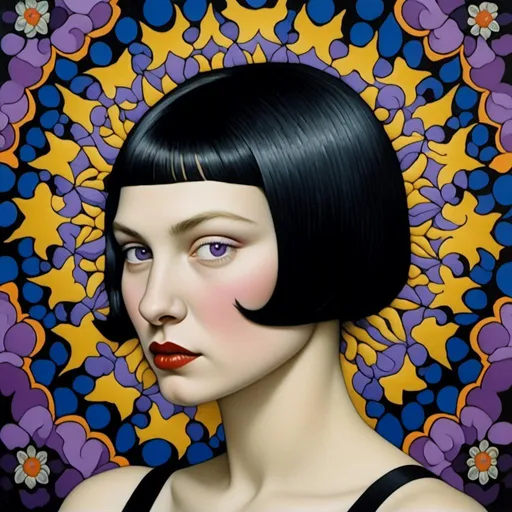 Prompt: <mymodel> a painting of a woman with strange hypnotic over-protuberant purple eyes and a close black 1920's haircut with a beauty mark and a black dress with black straps, Ed Paschke, art brut, pj crook, an art deco painting
