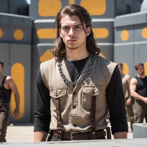 Prompt: A young man with long brown hair, and a look of intense concentration approaches his friends outside a spaceport in a gritty, dieselpunk setting. He wears a sleeveless black shirt, work boots, and practical slacks with a chain attached to the billfold in his pocket.