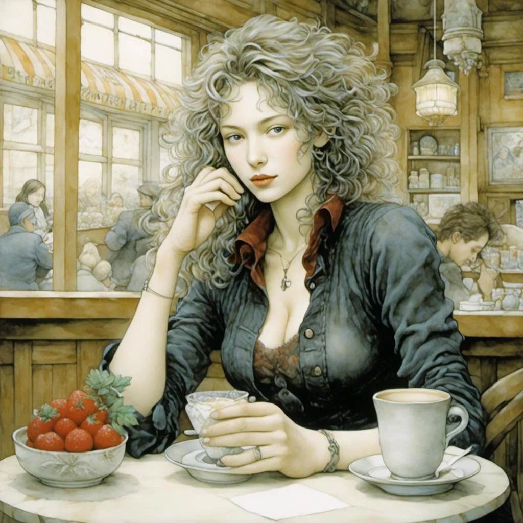 Prompt: Yoshitaka Amano artwork of a mysterious woman in a cafe <mymodel>