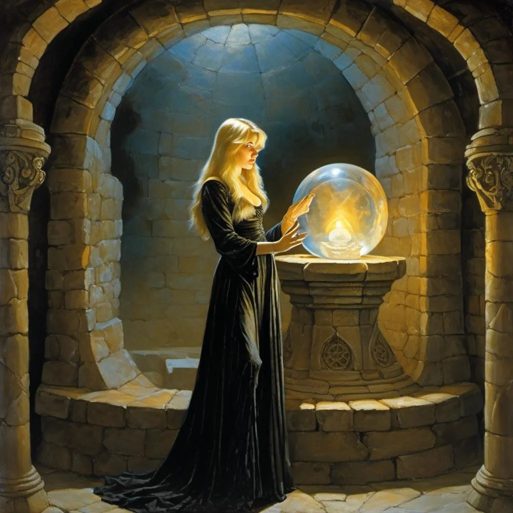 Prompt: Painting of a sorceress in a chamber at the top of a tower and gazing into a crystal ball by clyde caldwell <mymodel>