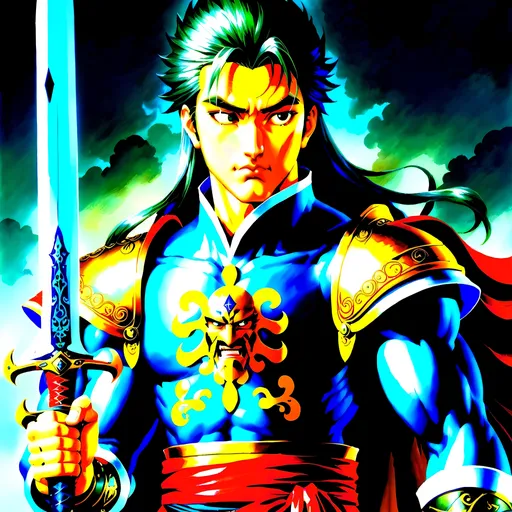 Prompt: Art by Yoshitaka Amano; Liu Feng, great sword, Three Kingdoms, Dynasty Warriors, wispy lines and vibrant use of color. 