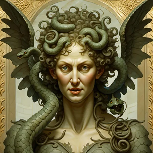 Prompt: full body image of a gorgon with wings, hair with snake-like curls, large menacing eyes, tripartite scroll-like nose, wide mouths with rictus-like grin, lolling tongue, and tusks <mymodel>