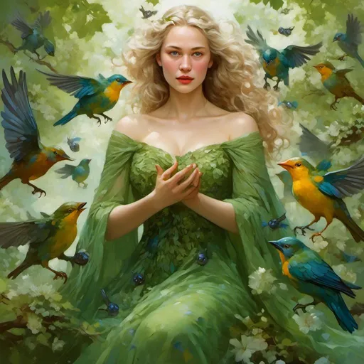 Prompt: <mymodel> Mielikki goddess of nature as a D&D patron diety dressed In a green gossamer gown and surrounded with summer songbirds