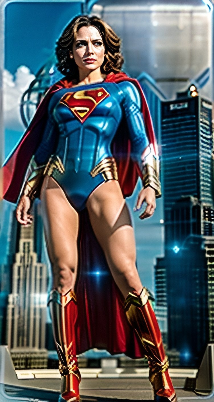 Prompt: Kristin Wells as Superwoman with Metropolis in the background, realistic, photo, film, cinematic