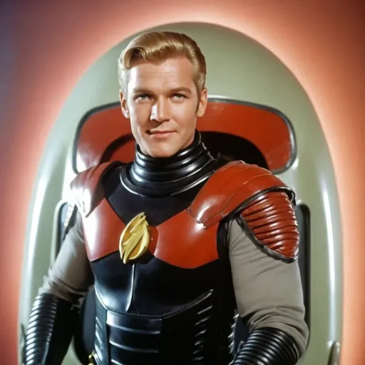 Prompt: Photo, retro-futuristic, armor, Flash Gordon, style, confident grin, deploying from spaceship.
