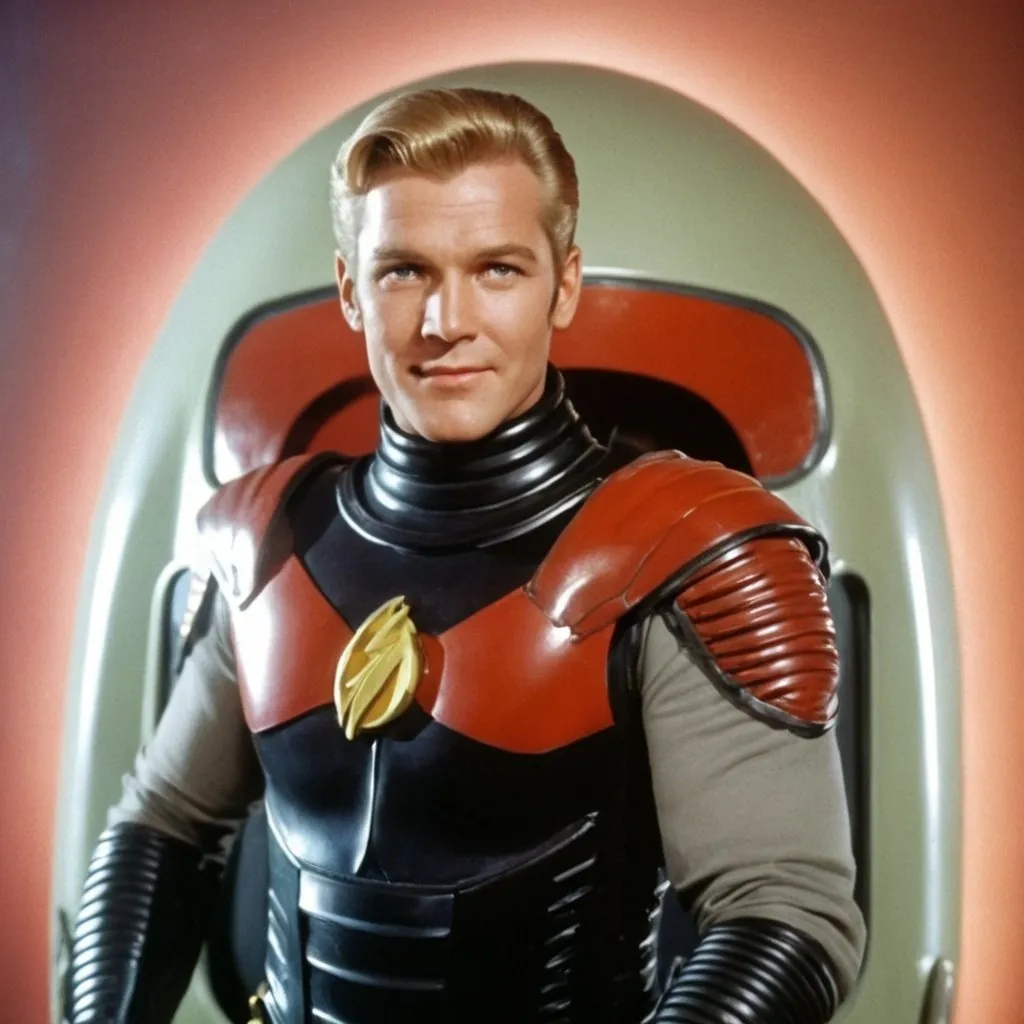 Prompt: Photo, retro-futuristic, armor, Flash Gordon, style, confident grin, deploying from spaceship.