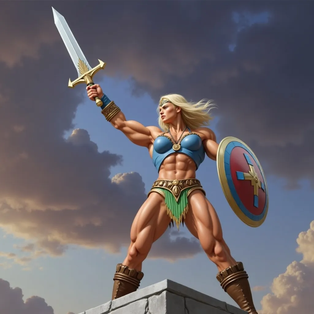 Prompt: photorealistic, gender-swapped he-man, female he-man, holding sword aloft, extreme body-builder, muscular