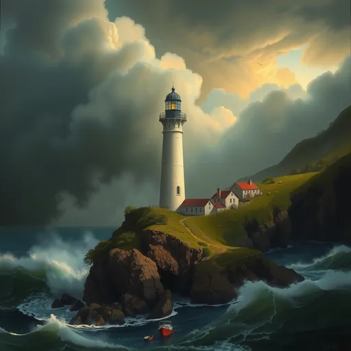 Prompt: William-Adolphe Bouguereau style, oil painting, oil painting, A lonely lighthouse on a windswept cliff, surrounded by the remains of a forgotten fishing village and a mysterious cave system beneath the cliffs, dramatic clouds, dark clouds, (misty:1.5), fog rolling in, creepy atmosphere, dramatic light, (darkness:2.5) 34K uhd, masterpiece, high detail, 8k, intricate, detailed, high resolution, high res, high quality, , highly detailed, Extremely high-resolution details, fine texture,i¼